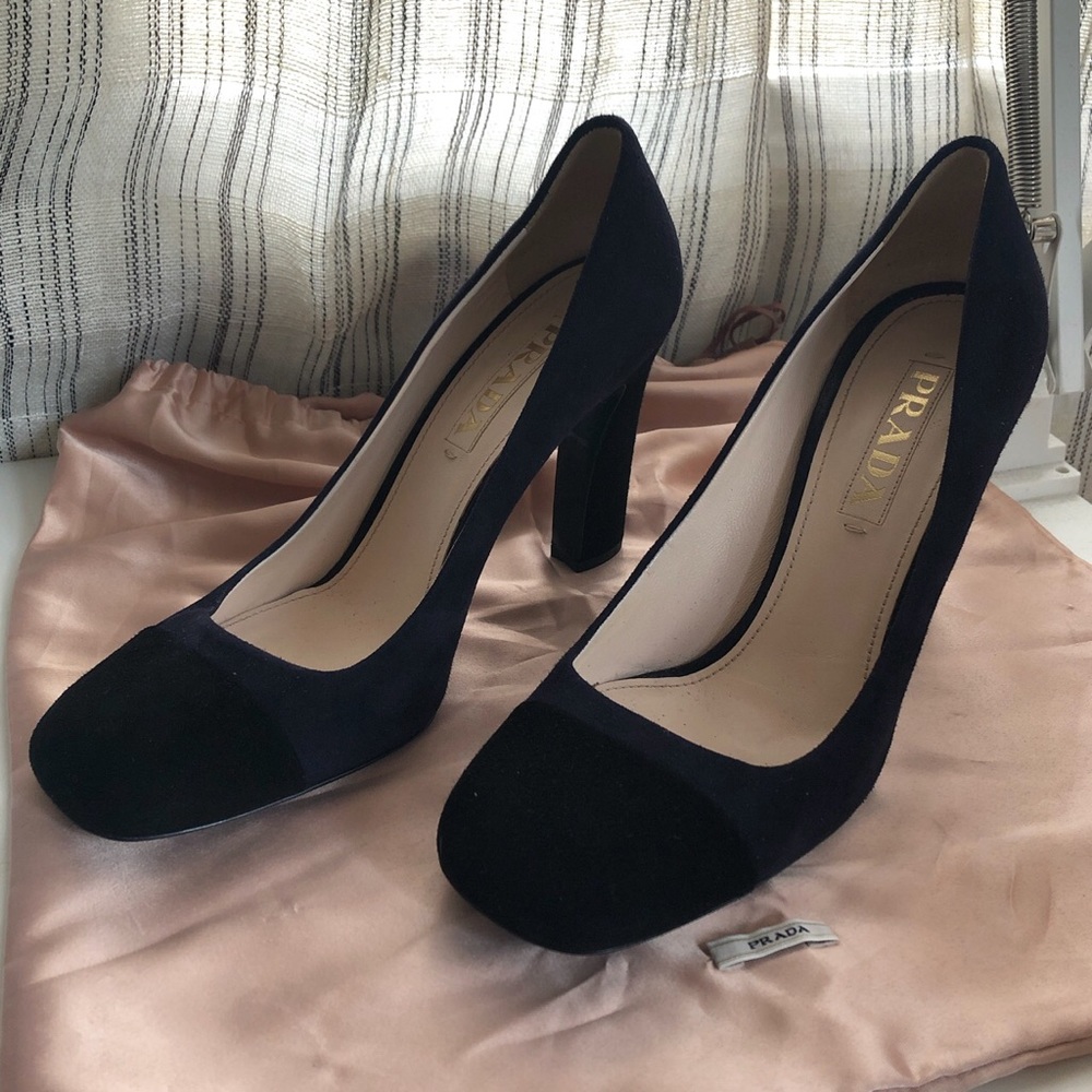 Black and Navy Prada Suede Pumps